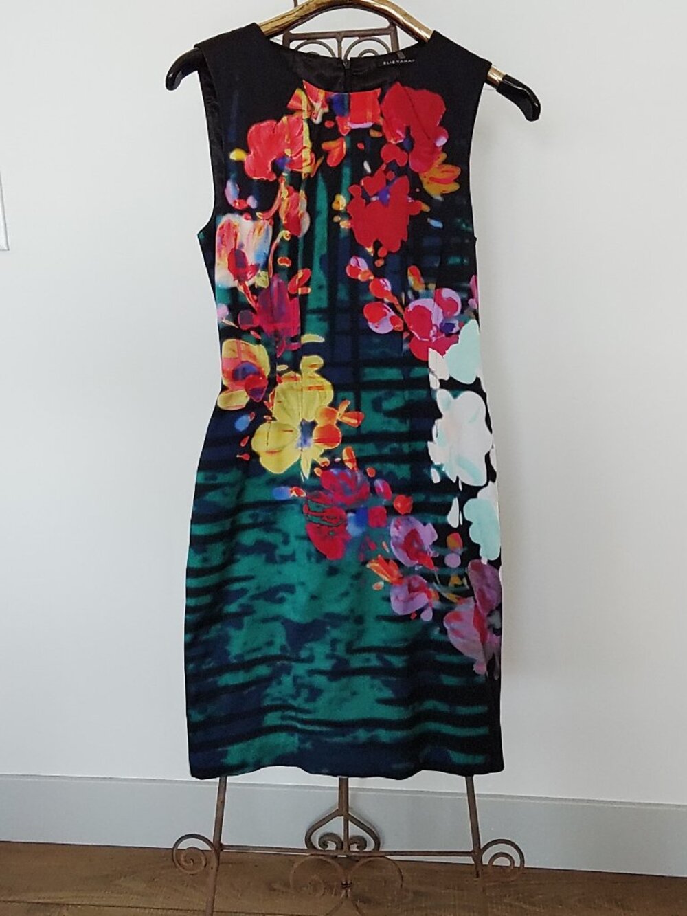 Elie Tahari Dress Silk Abstract Floral Teal Black Red Sleeveless Back Zipper 4